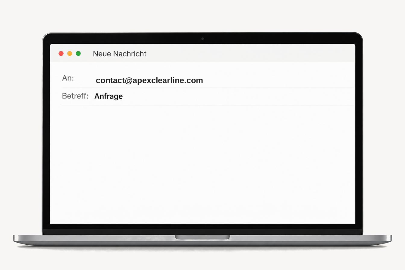 MacBook mit E-Mail-Entwurf an contact@apexclearline.com